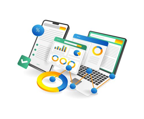 Graphs and charts on phone and laptop.
